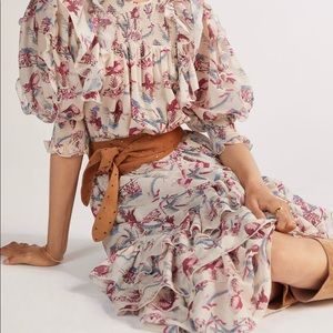 ANTHROPOLOGIE- Magali Pascal Floral Ruff-Sleeved MIDI Dress size S